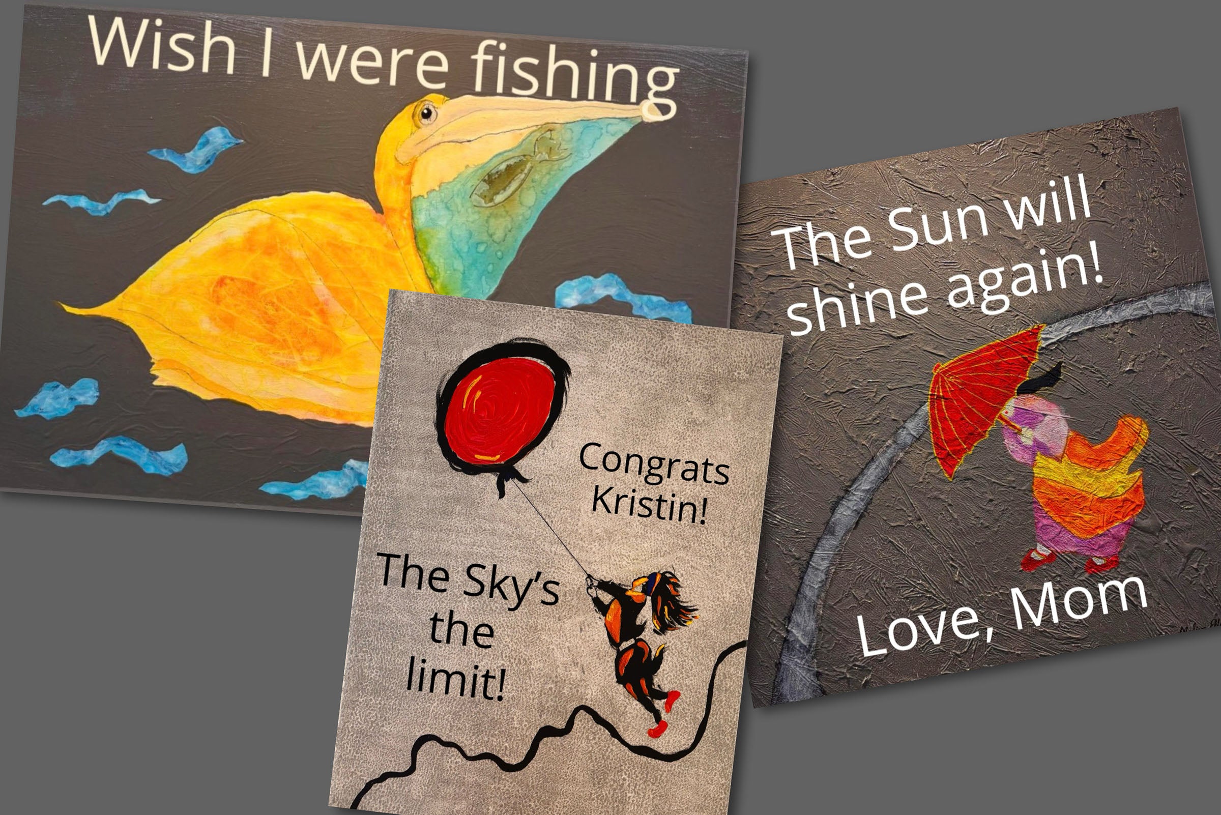 Three samples of art with customized wording on it for personalization